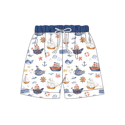 5.14custom each style moq 5eta 4-5week Sibling Sister cruise ship print white-blue boys outfits and baby romper match family design