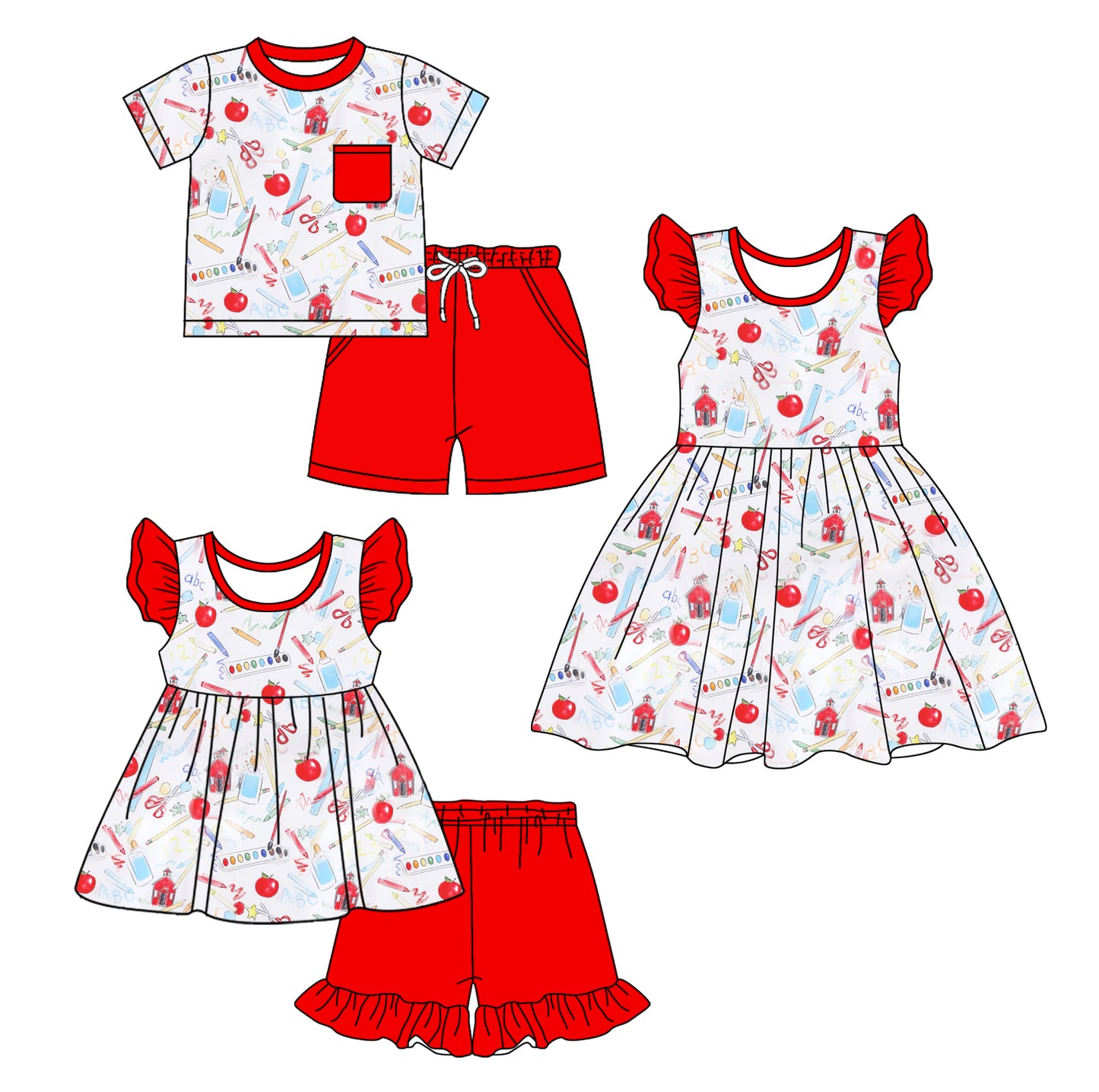 1.6 custom each style moq 5eta 4-6week Sibling Sister back to school baby girl short sleeve shorts sets and sets 2 and dress match design