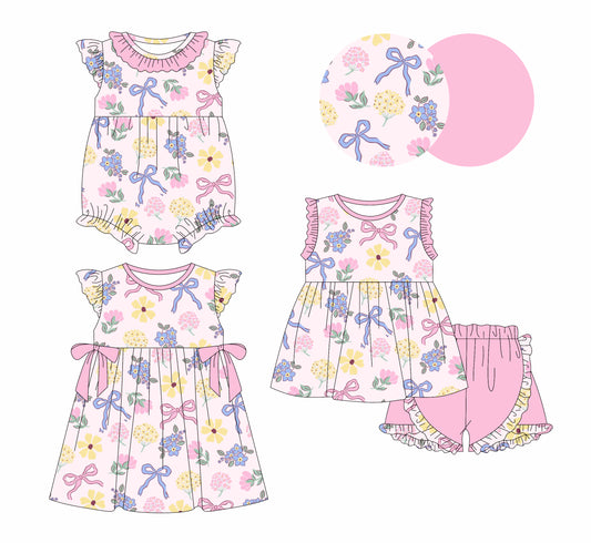 1.10 custom each style moq 5eta 4-6week Sibling Sister bow floral baby girl short sleeve shorts sets and dress and rompers match family design