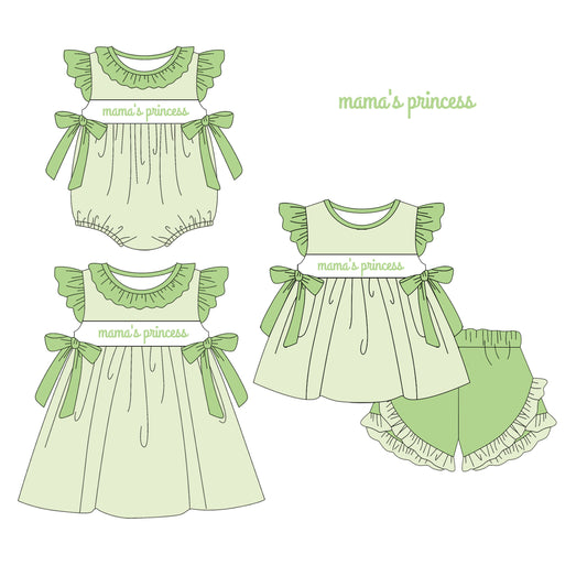 1.14 custom each style moq 5eta 4-6week Sibling Sisters mama princess baby girl short sleeve shorts sets and dress and rompers match family design