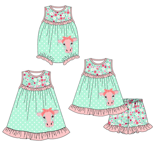 1.23 custom each style moq 5eta 4-6week Sibling Sisters cow floral baby girl short sleeve shorts sets and dress and rompers match family design