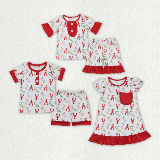 RTS NO MOQ Blue and red crayfish red lace short-sleeved shorts suit & short-sleeved dress