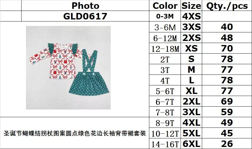 rts no moq GLD0617 Christmas bow cane pattern polka dot green lace long-sleeved suspender skirt set