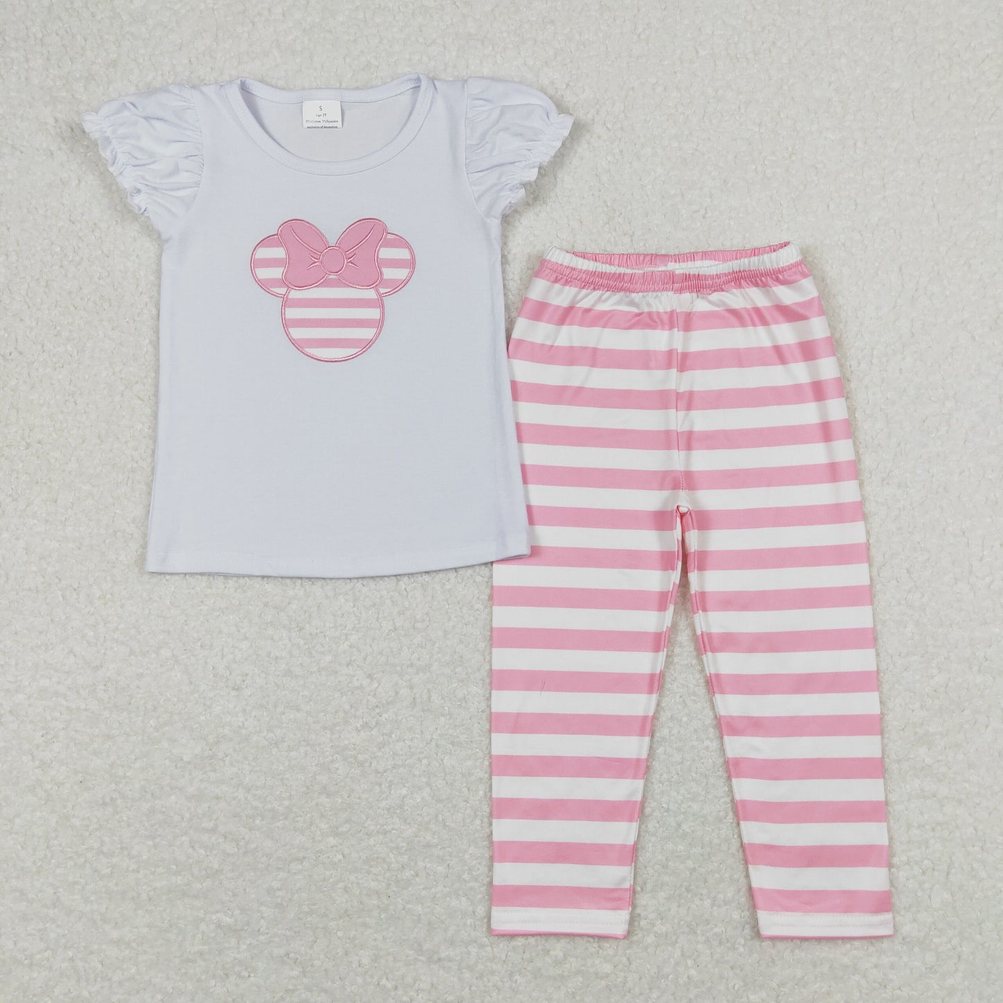 GSPO1198 Embroidered bow Mickey and Minnie white short-sleeved pink and white striped pants suit