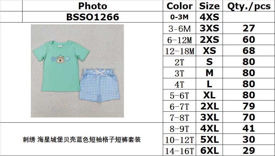 RTS NO MOQ ETA 5/7days Arrived BSSO1266 Embroidered starfish castle shell blue short-sleeved plaid shorts set