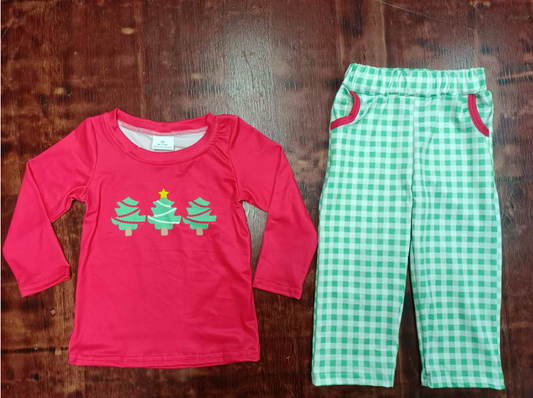 Custom moq 3 eta 6-7weeks  Christmas Tree Printed Red Long Sleeve Top-Green Plaid Straight Pants Set