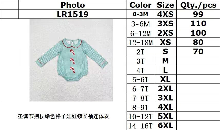 rts no moq LR1519 Christmas cane green plaid doll collar long sleeve jumpsuit