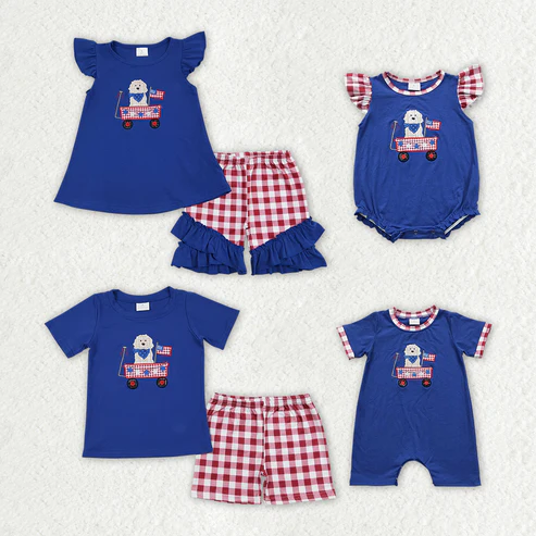 Baby Girls July 4th Dog Flag Sister Brother Rompers Clothes Set