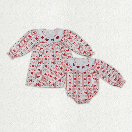 RTS NO MOQ Sibling Baby girls clothes Embroidery valentine love long-sleeved rompers and dress