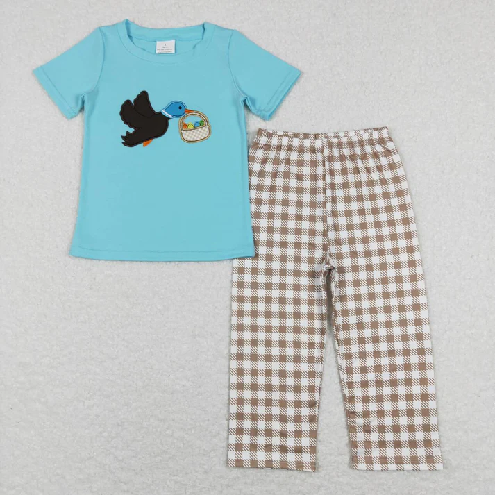 RTS NO MOQ Sibling baby girl boy clothes Embroidered easter duck short-sleeved pants sets