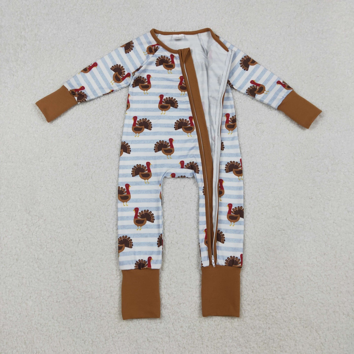 RTS NO MOQ（In Stock) LR1191 Turkey Striped Brown Trim Zippered Long Sleeve Bodysuit