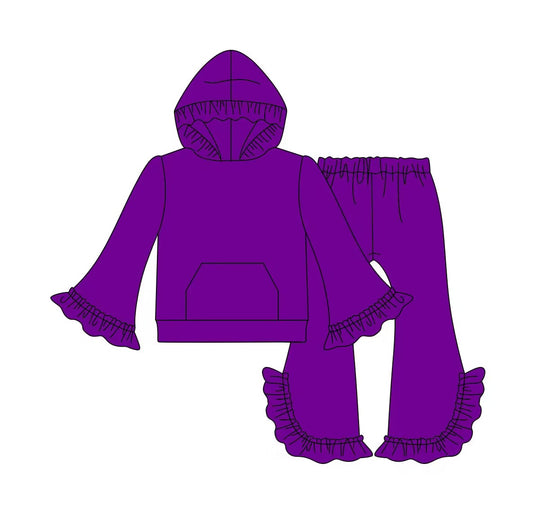 custom moq 3 cotton fabric eta 7-8weeks solid color purple lace hooded long-sleeved trousers suit