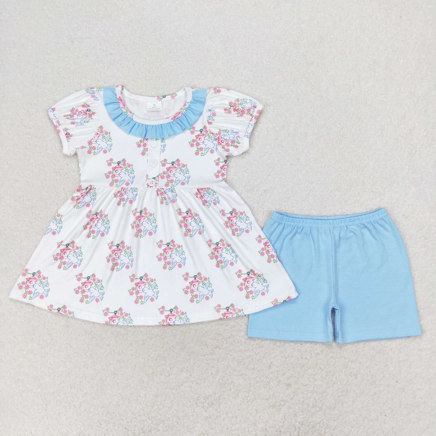 RTS NO MOQ GSSO1225 Flower bird's nest blue lace white short-sleeved shorts set