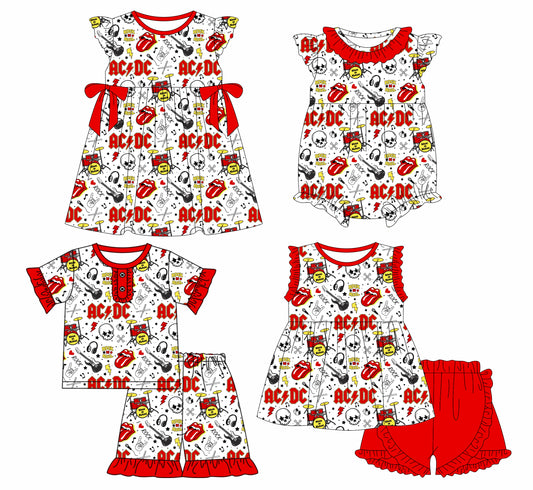 1.13 custom each style moq 5eta 4-6week Sibling Sister AC  DC Baby girl short sleeve shorts sets and sets 2 and girls romper and boy romper and dress match design