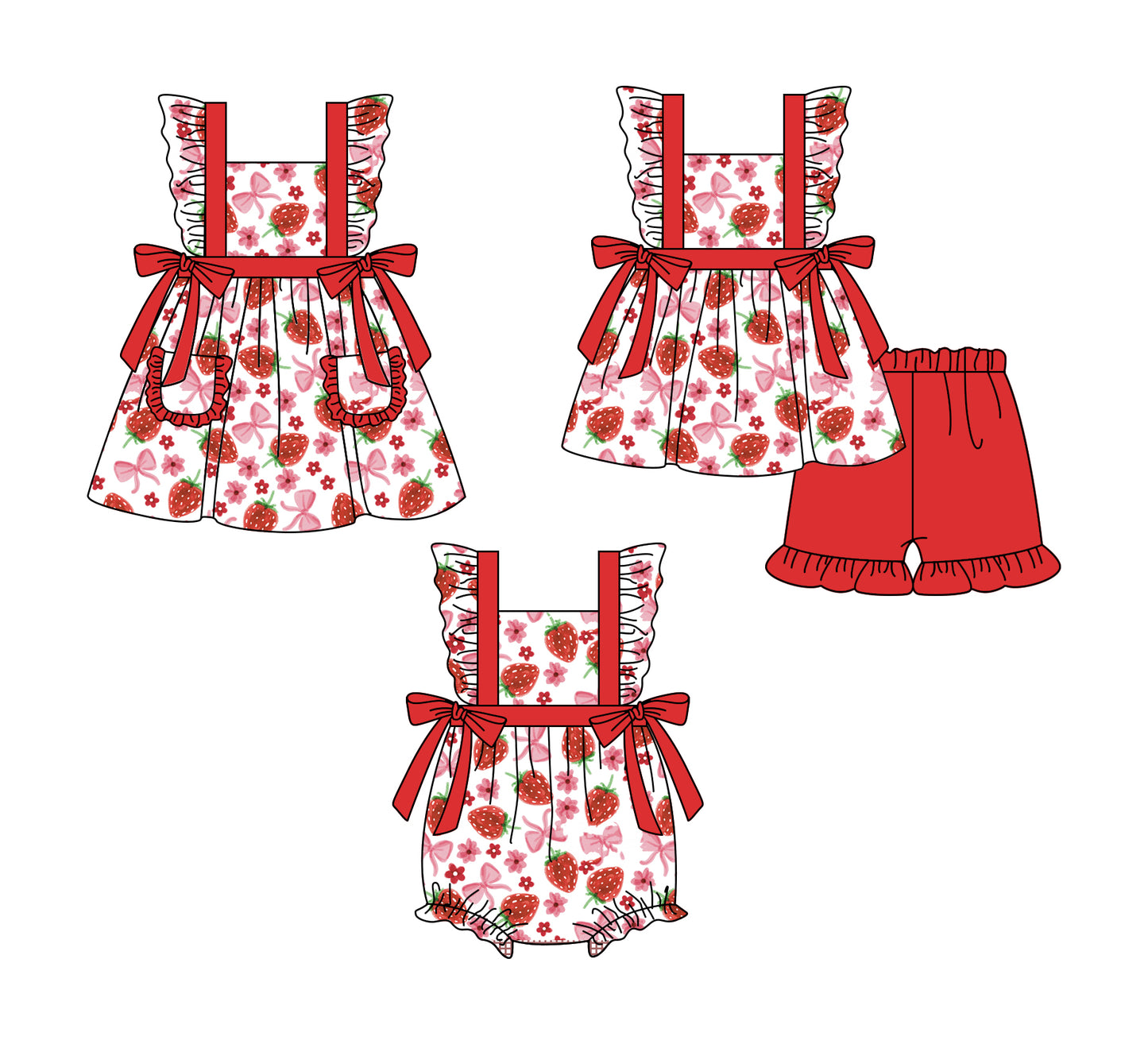 1.8 custom each style moq 5eta 4-6week Sibling Sister bow strawberry baby girl short sleeve shorts sets and dress and rompers match family design