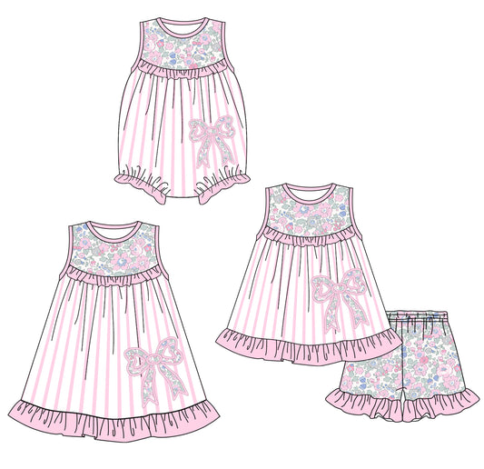 1.23 custom each style moq 5eta 4-6week Sibling Sisters bow floral baby girl short sleeve shorts sets and dress and rompers match family design