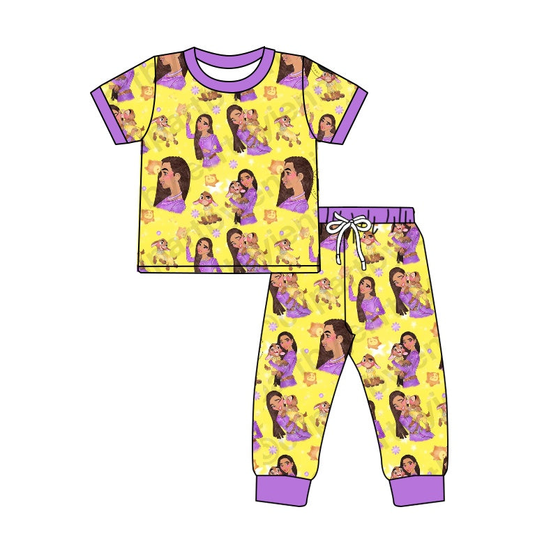 4.27custom moq 5 eta 4-5weeks cute animals prints yellow short sleeves with long pants set