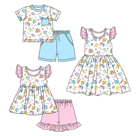 1.6 custom each style moq 5eta 4-6week Sibling Sister back to school baby girl short sleeve shorts sets and sets 2 and dress match design