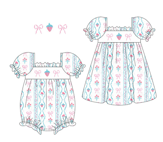 1.10 custom each style moq 5eta 4-6week Sibling Sistes bow strawberry baby girl short sleeve dress and rompers match family design