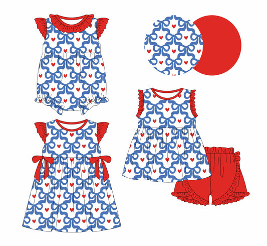 1.7 custom each style moq 5eta 4-6week Sibling Sister bow baby girl short sleeve shorts sets and dress and rompers match family design