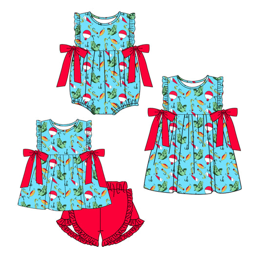 12.28 custom each style moq 5eta 4-6week Sibling Sister fishing baby girl short sleeve shorts sets and dress and rompers match family desig