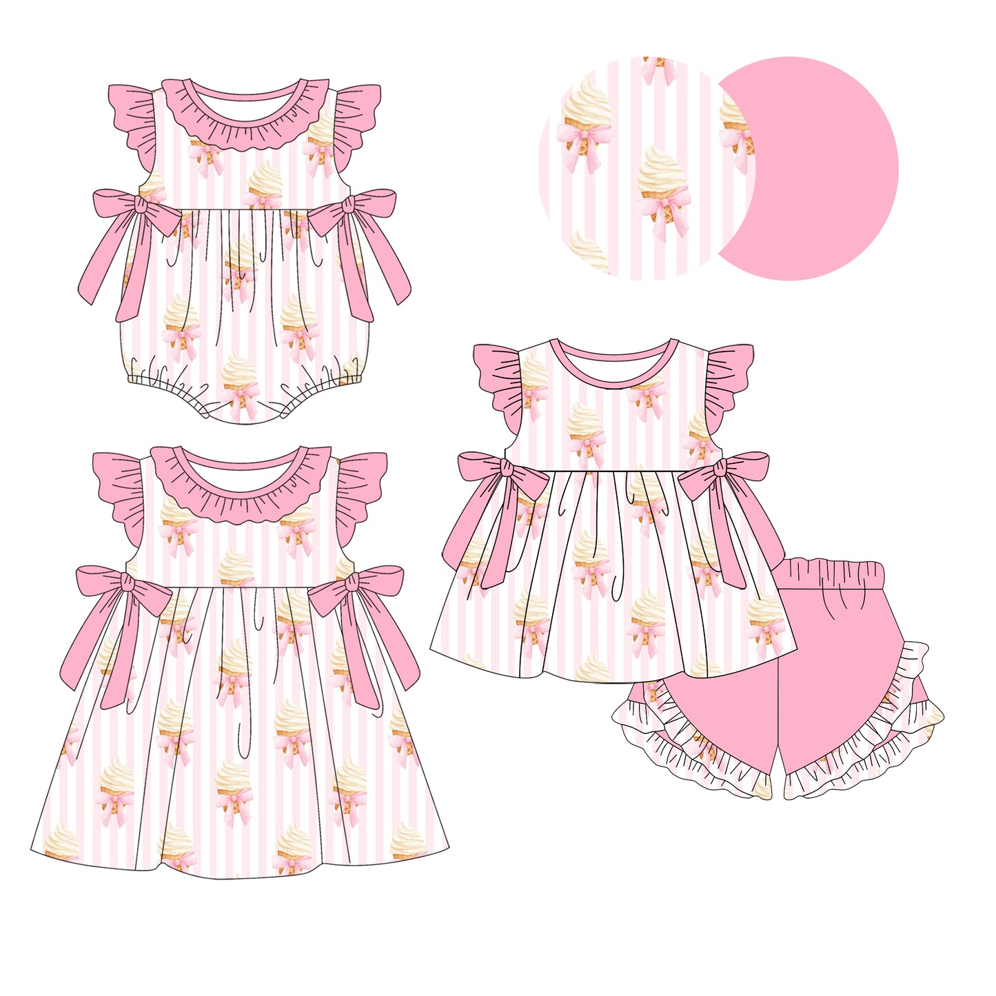 1.9 custom each style moq 5eta 4-6week Sibling Sister ice cream  baby girl short sleeve shorts sets and dress and rompers match family design