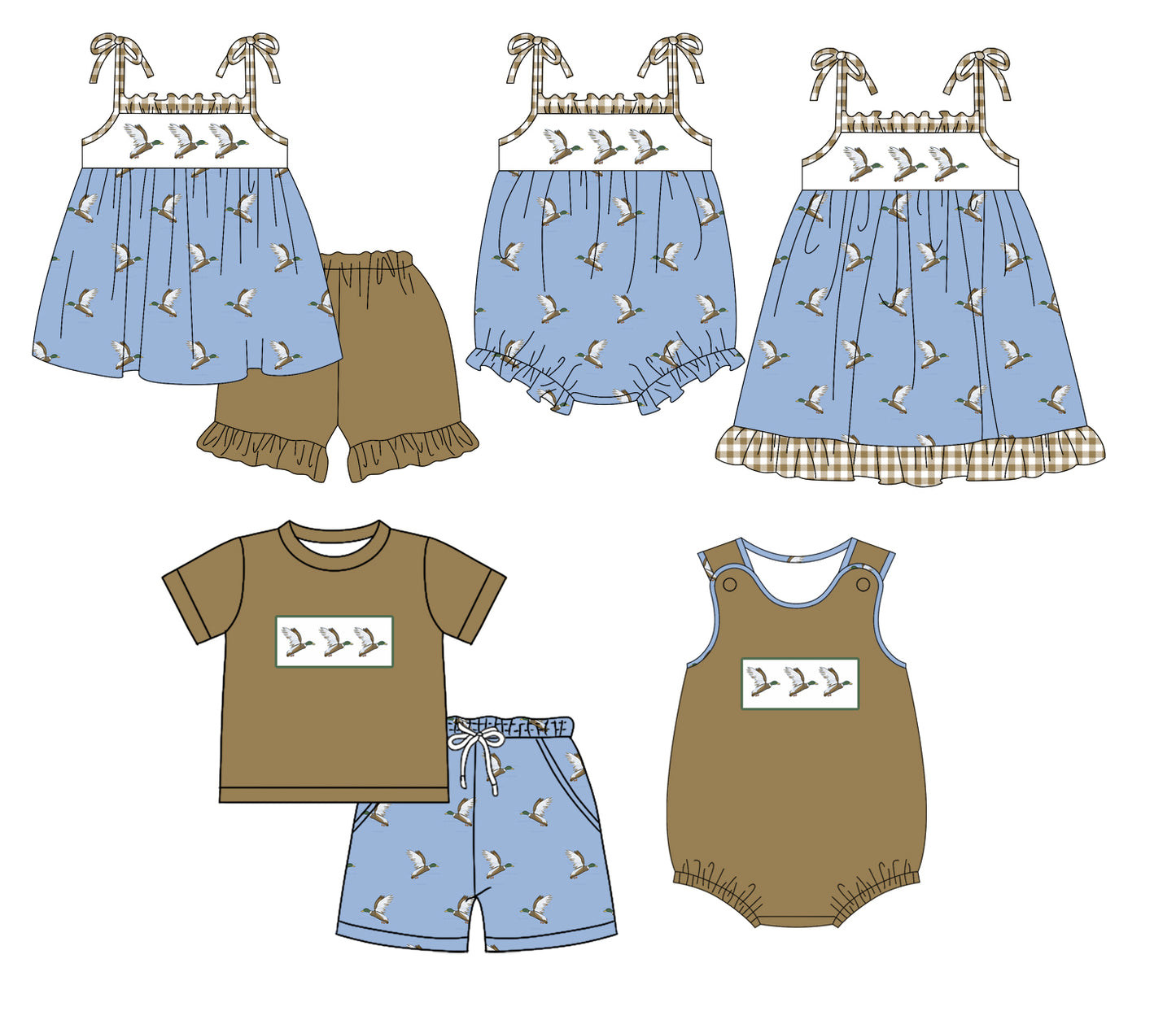 1.14 custom each style moq 5eta 4-6week Sibling Sister duck baby girl short sleeve shorts sets and sets 2 and boy romper and girl romper and dress match design