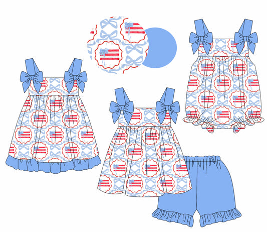 1.17 custom each style moq 5eta 4-6week Sibling Sisters flag baby girl short sleeve shorts sets and dress and rompers match family design