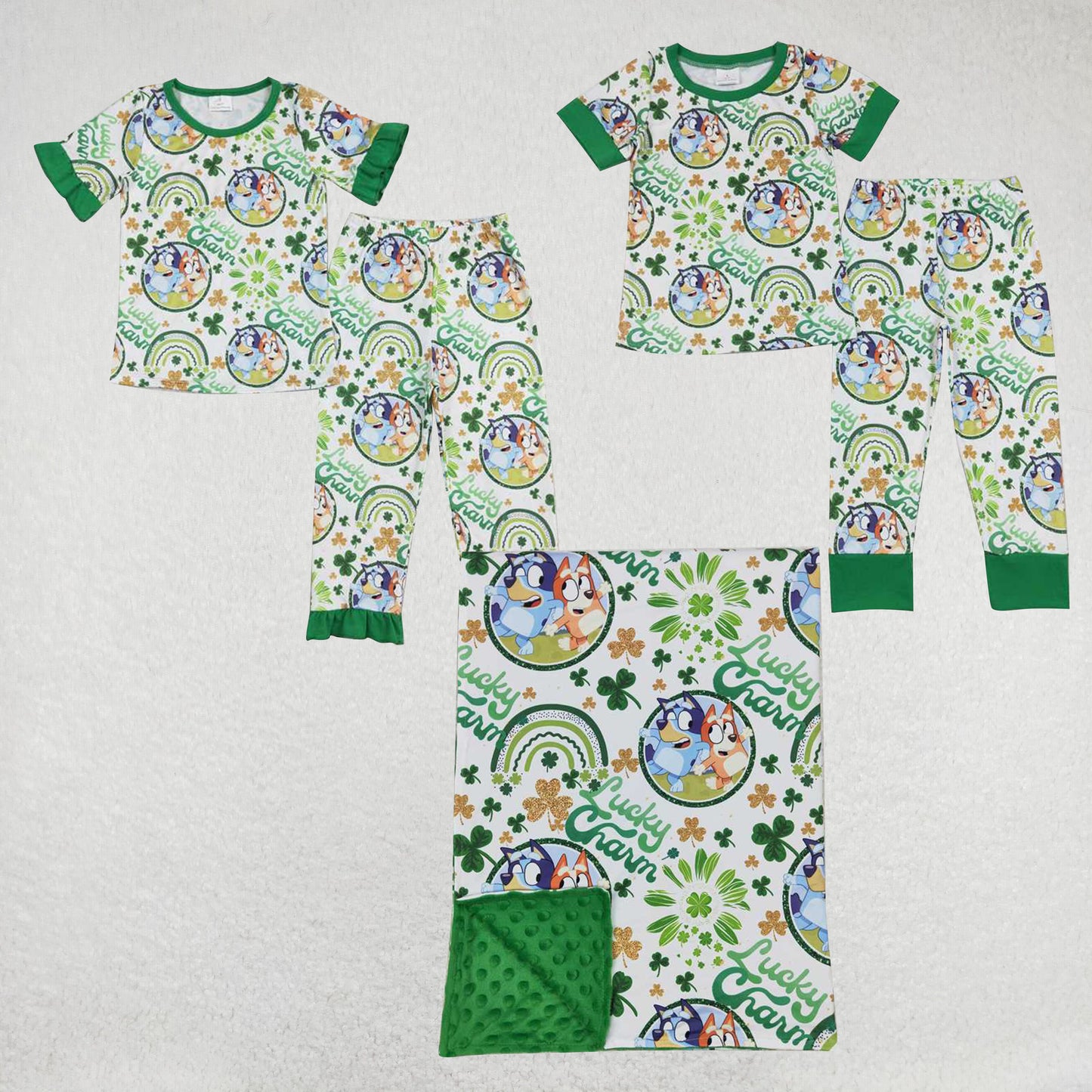 RTS NO MOQ St. Patrick's Four Leaf Clover short sleeve pants set & baby blanket