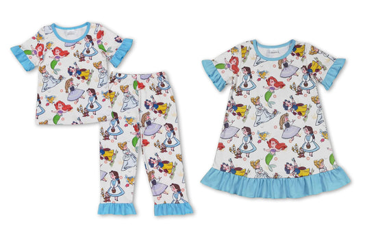 RTS NO MOQ GSD1291 Cartoon Blue Lace Short Sleeve Dress match girls outfits