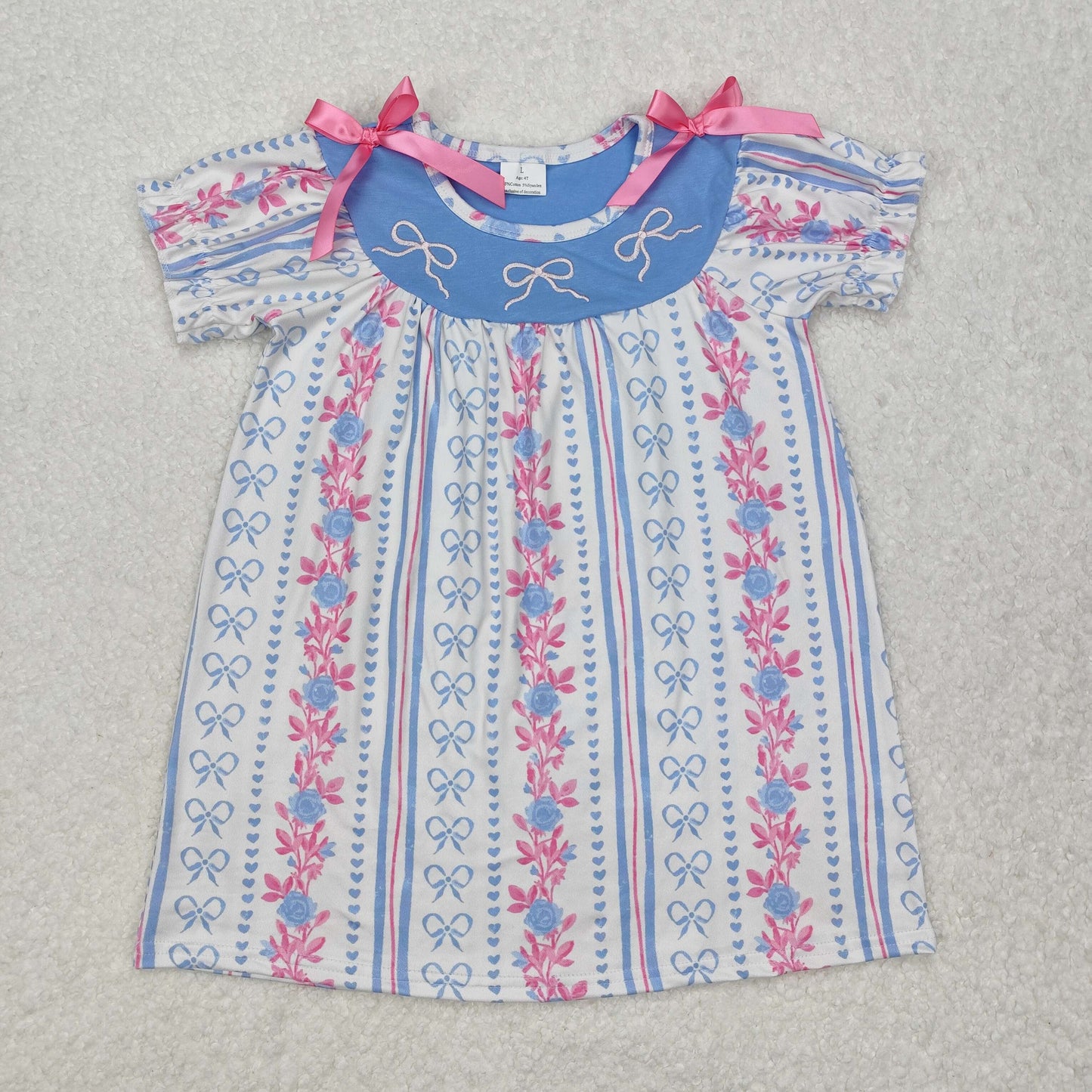 RTS NO MOQ ETA 5/7days Arrived GSD1520 Embroidered pink bow flower striped short-sleeved dress