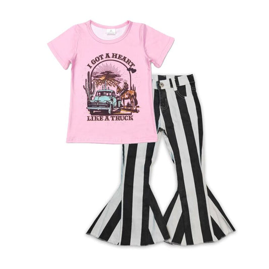 P0046 Black and white striped denim trousers+GT0406 I got a heart like a truck riding truck pink short sleeve top