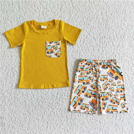 BSSO0041Boys Back to School Trucker Short Sleeve Shorts Set Cotton Top