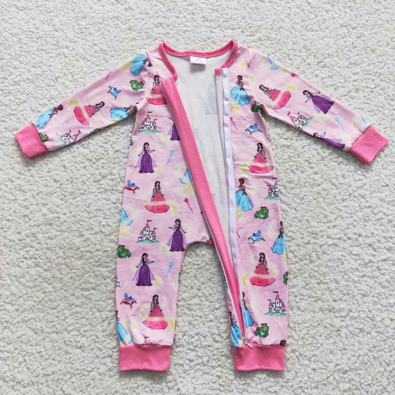 LR0468 Cartoon Princess Pink Rose Red Zipper Long Sleeve Jumpsuit