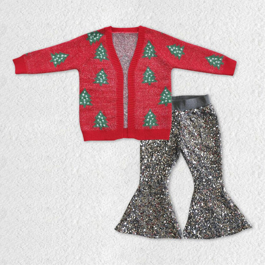 Christmas red sweater jacket and sequined pants set