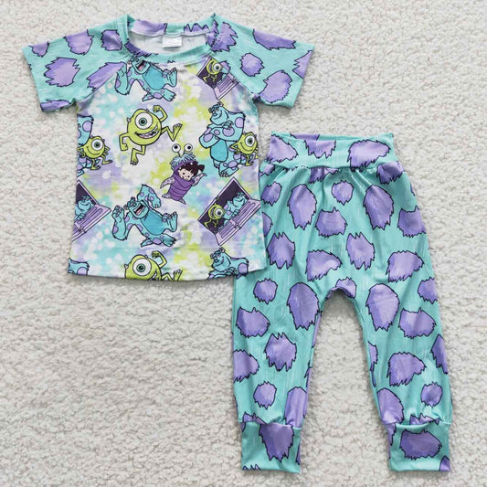RTS NO MOQ（In Stock) BSPO0122 Cartoon Monsters University Blue Violet Short Sleeve Pants Set
