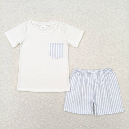 RTS BSSO0764Blue and White Striped Pocket Short Sleeve Shorts Set