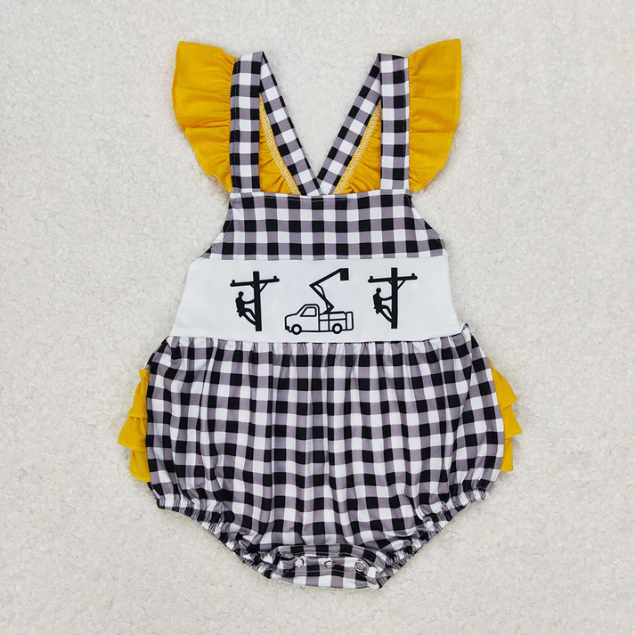 RTS NO MOQ Baby Girls Line Man Black Checkered Sibling Rompers Clothes Sets print