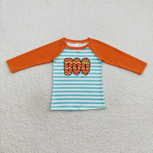 BT0312 Embroidered boo lettering blue and white striped orange long-sleeved top