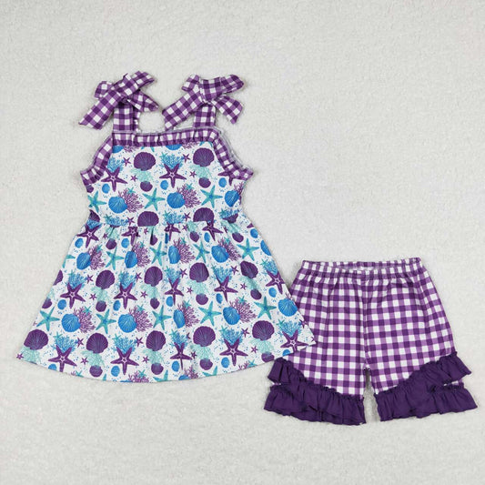 GSSO0727 Starfish aquatic purple and white plaid lace suspender shorts set