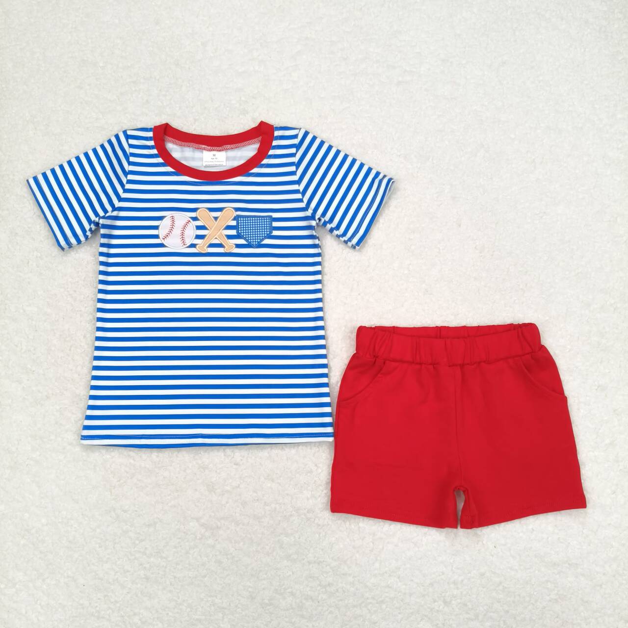 RTS NO MOQ BT0657 Embroidered Baseball Blue and White Striped Short Sleeve Top +cotton shorts