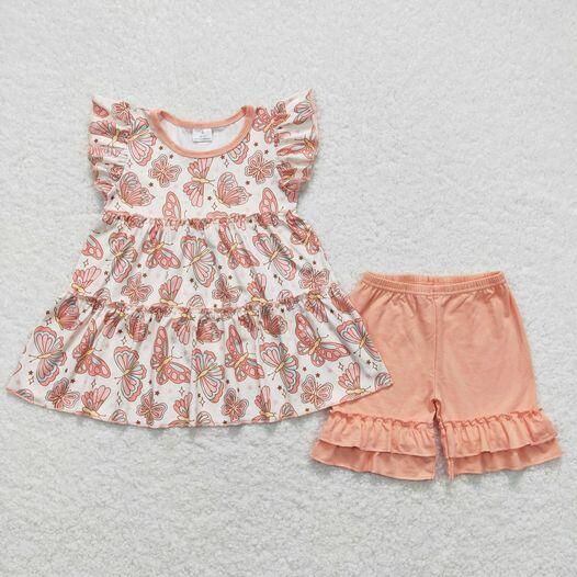 SS0259  Pink and orange lace shorts +GT0558  Butterfly beige flying sleeve top