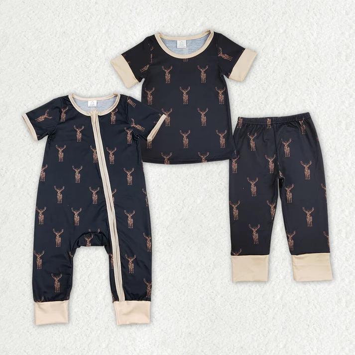 RTS NO MOQ Camo Deers Sibling Rompers Pajamas Clothes   Sibling Brother Bamboo Pajamas Clothes  50%cotton +45%bamboo +5%spandex（复制）