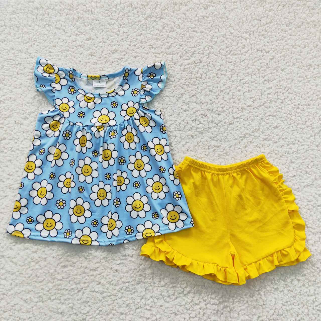 GSSO0318 Smiley Blue Flying Sleeve Yellow Shorts Set