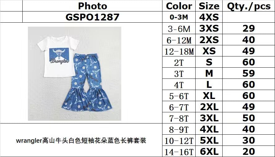 GSPO1287  wrangler alpine cow head white short-sleeved flower blue trousers suit 3  ready to ship