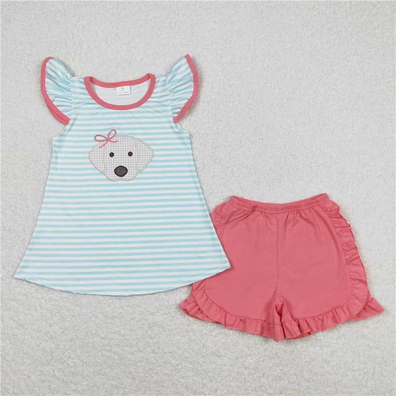 RTS BSSO0746  GSD0934 GSSO0555 Embroidered Puppy Blue Striped Fly Sleeve Pink Shorts Set