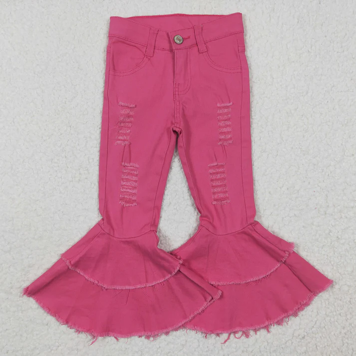 RTS NO MOQ Denim pants Baby Girls Pink Colors Valentines Denim Bell Pants Jeans