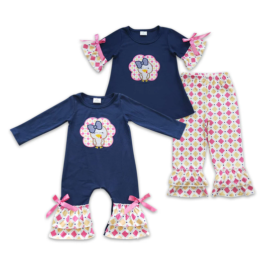 RTS NO MOQ Baby Girls Sibling Embroidery Turkey Navy Outfit and Romper  Turkey, Thanksgiving Embroidery