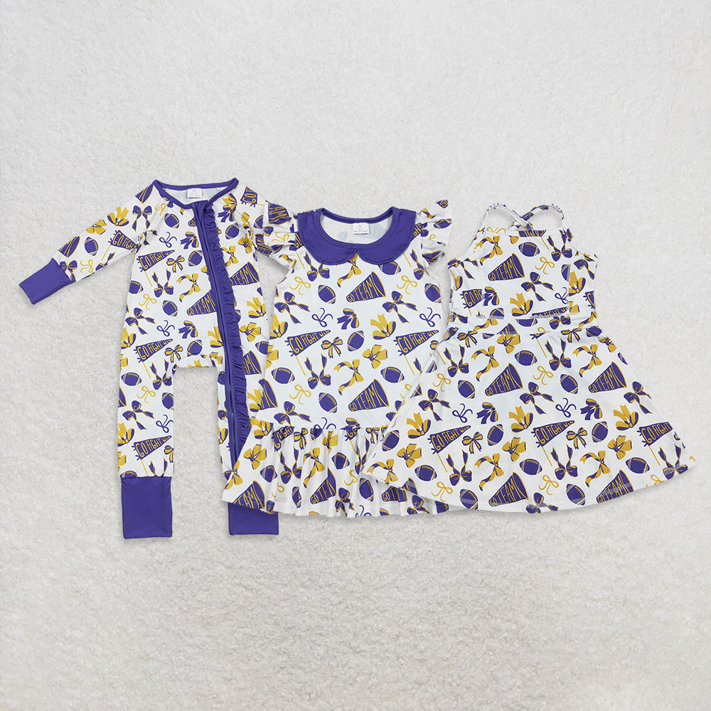 RTS NO MOQ Sibling baby girl clothes team cheer bow flying sleeve dress and romper