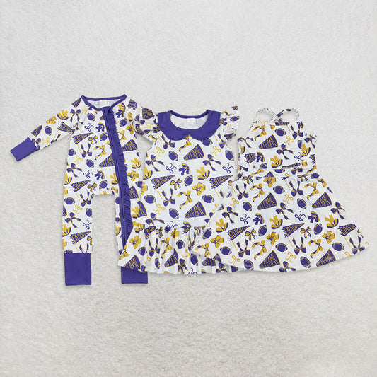 RTS NO MOQ Sibling baby girl clothes team cheer bow flying sleeve dress and romper